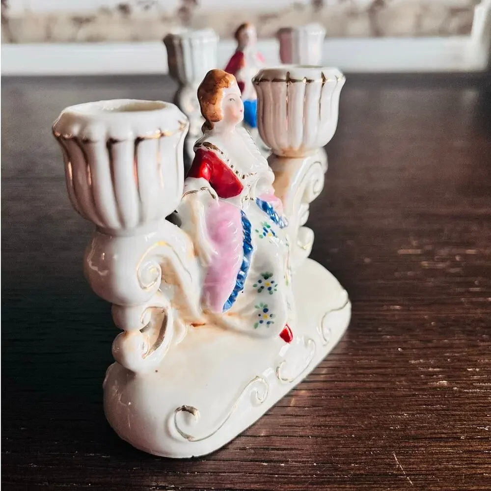 Made in Occupied Japan Colonial Couple Porcelain Candle Holders Pair